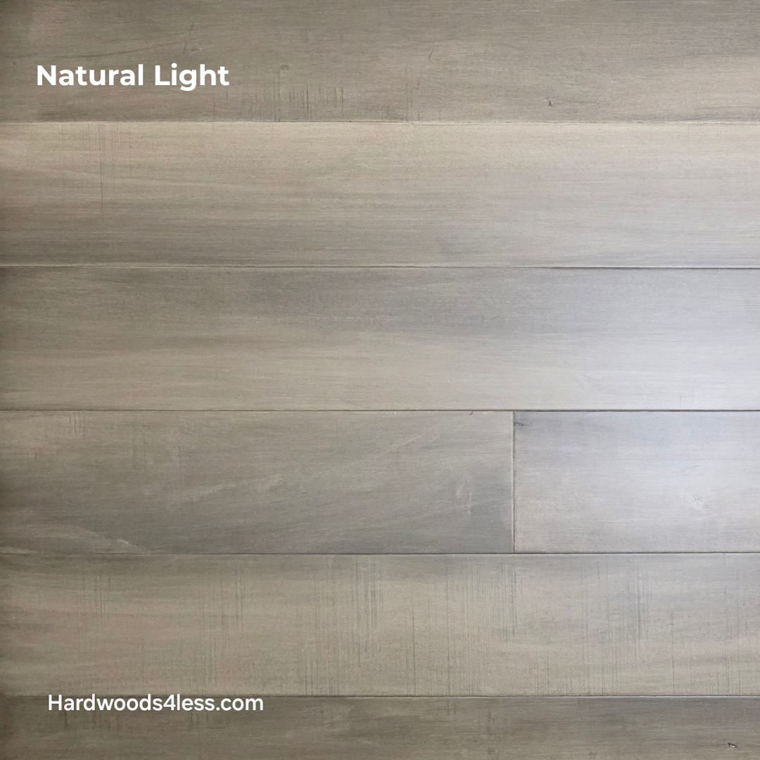 6 1/2" x 1/2" Engineered Maple Weathered Winter Hardwood Flooring. Shown in natural lighting.