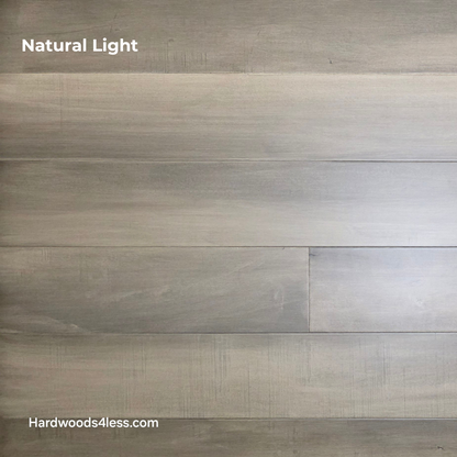 6 1/2" x 1/2" Engineered Maple Weathered Winter Hardwood Flooring. Shown in natural lighting.