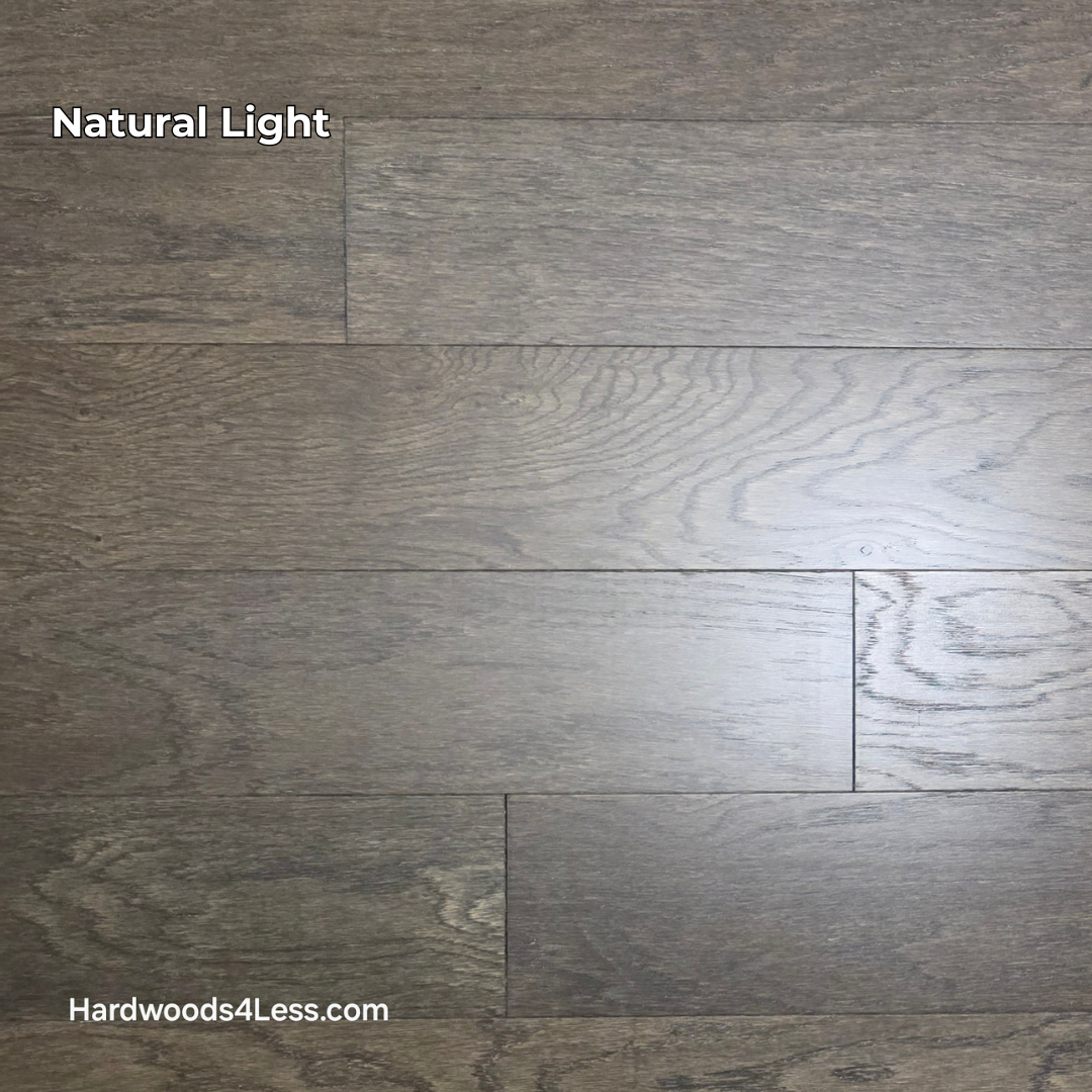 6 1/2" x 3/8" Engineered White Oak Nocturne Hardwood Flooring. Shown in natural lighting.
