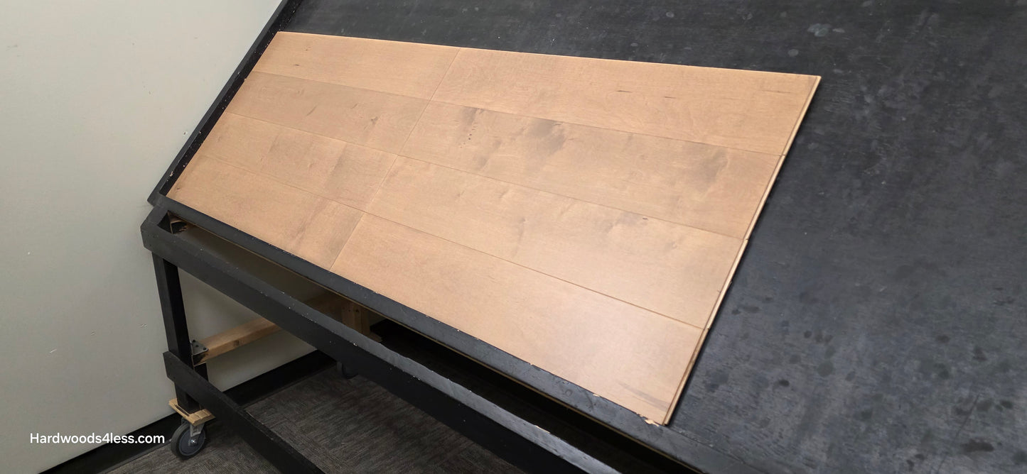 6 1/2" x 5/8" Engineered Maple Sandy Beach Hardwood Flooring. Shown on a black shooting table. Shot from wide right.