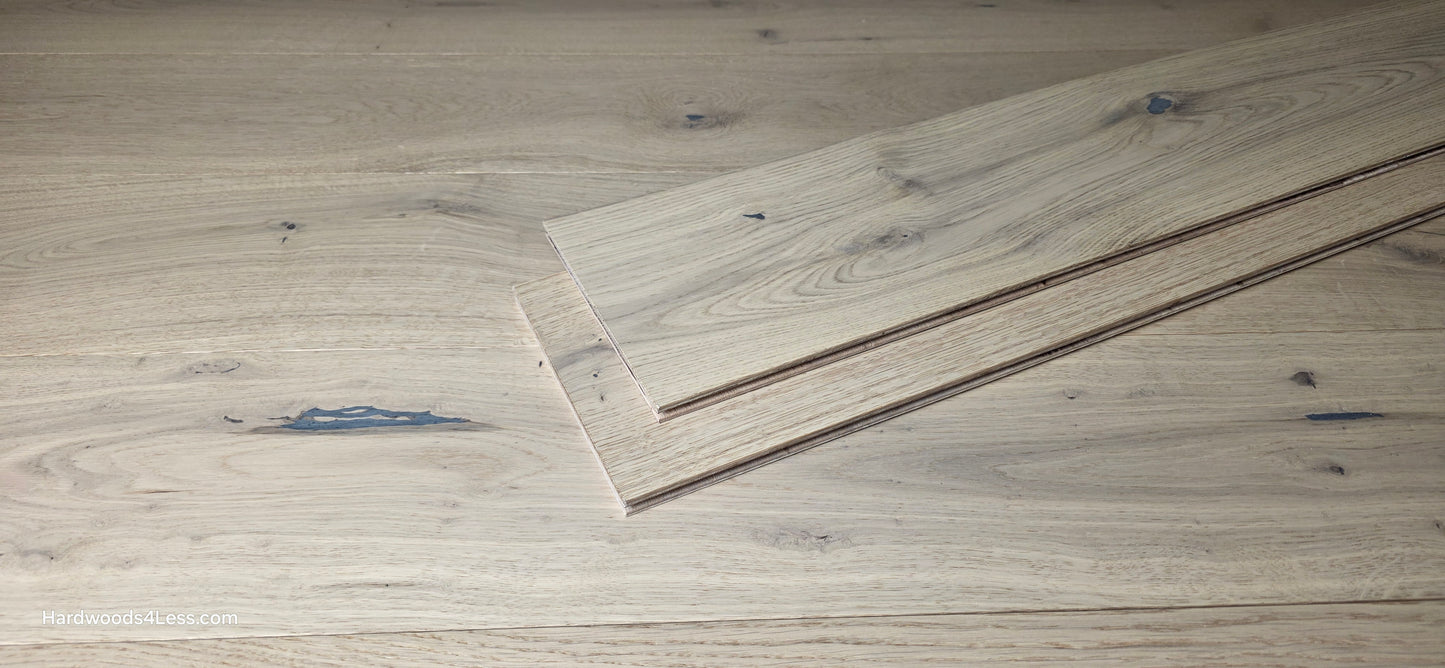 7 1/2" x 1/2" Engineered European White Oak Belleray Hardwood Flooring. Shown as 2 planks stacked on top of each other in the center of the Engineered flooring. 