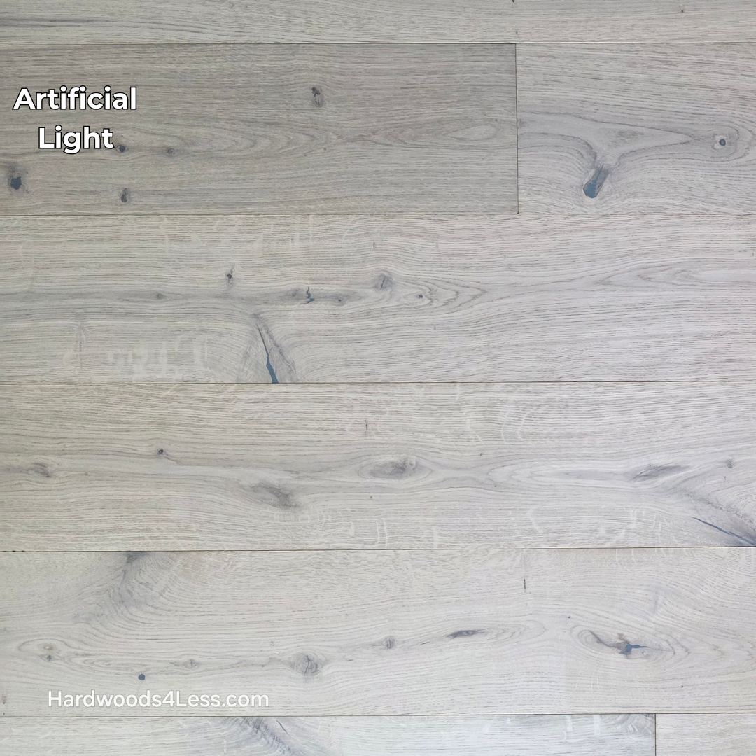 7 1/2" x 1/2" Engineered European White Oak Colmar Hardwood Flooring. Shown in artificial lighting. 