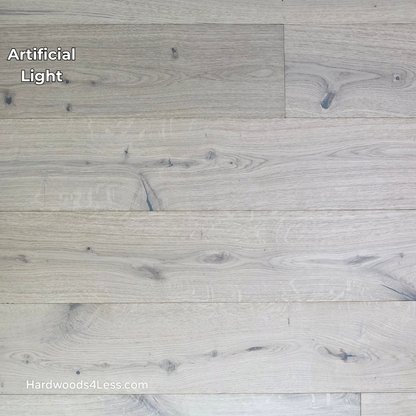 7 1/2" x 1/2" Engineered European White Oak Colmar Hardwood Flooring. Shown in artificial lighting. 