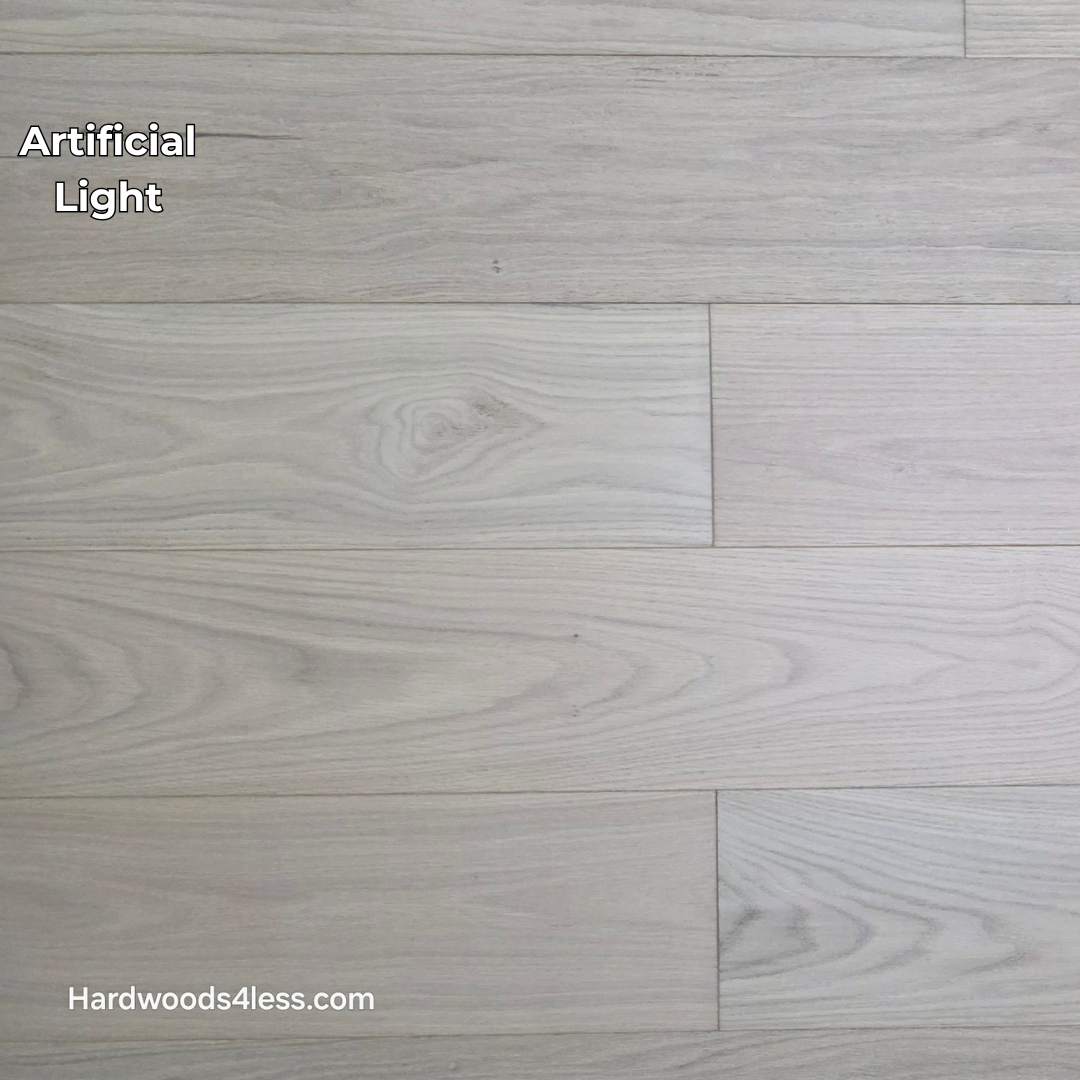 7 1/2" x 1/2" Engineered European White Oak Florence Hardwood Flooring. Shown in artificial lighting. 