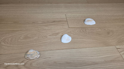 7 1/2" x 1/2" Engineered European White Oak Venice Hardwood Flooring. Shown with three seashells resting in a row across the floor. 