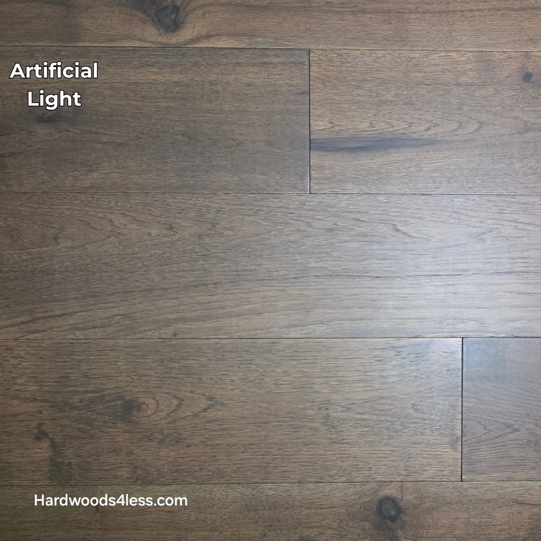 7 1/2" x 1/2" Engineered Hickory Mauna Kea Hardwood Flooring. Shown in artificial lighting.