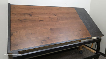7 1/2" x 1/2" Engineered Hickory Mauna Kea Hardwood Flooring. Shown on a black shooting table. Shot from wide left. 