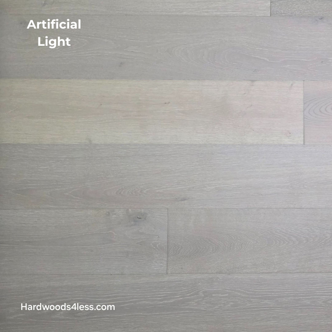 7 1/2" x 9/16" Engineered European Oak Sark Hardwood Flooring shown in artificial lighting.