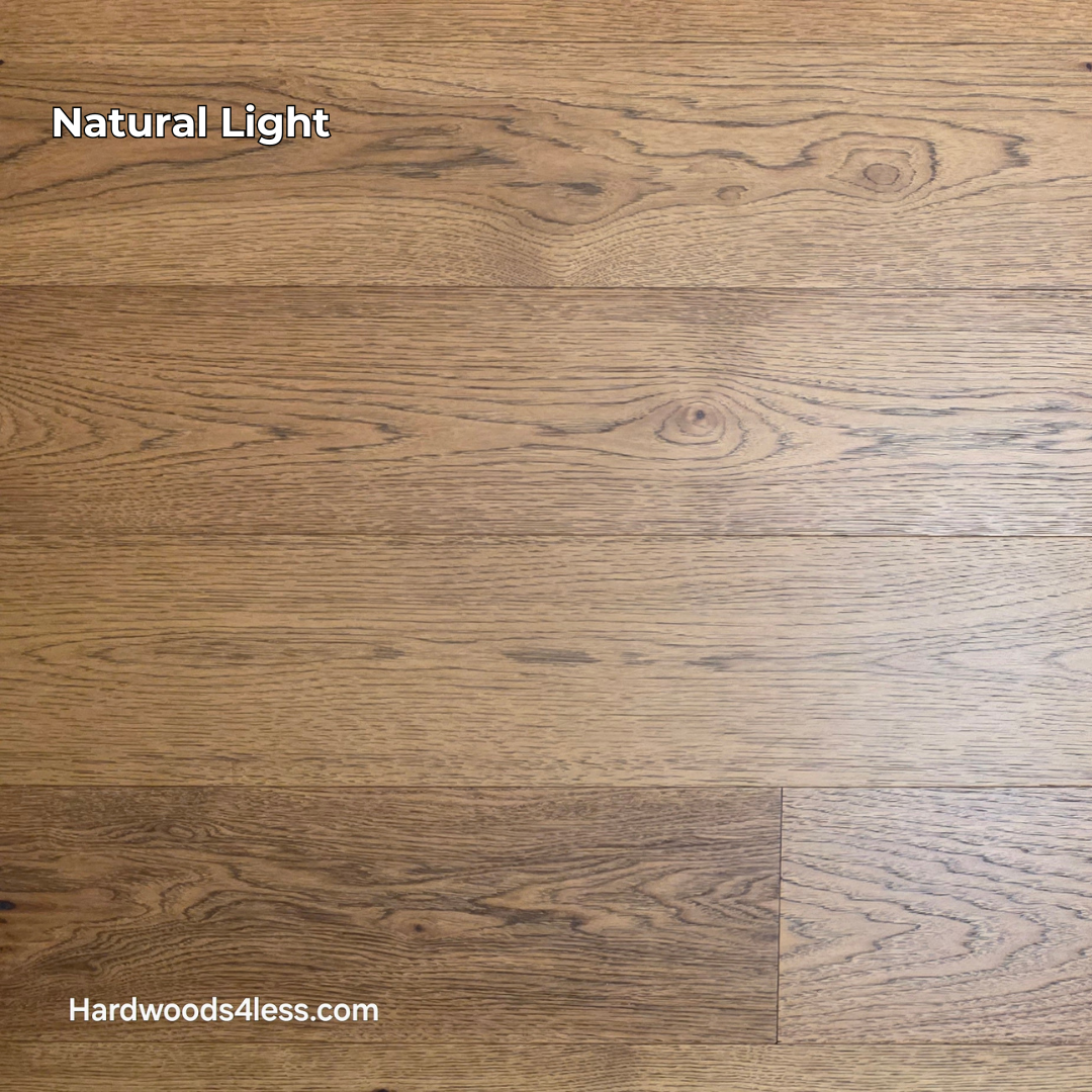 7 1/2" x 9/16" Engineered Hickory English Toffee Hardwood Flooring. Shown in natural lighting.