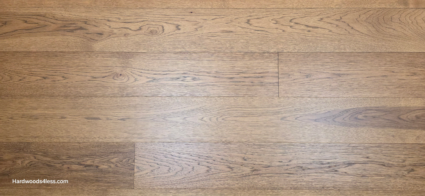 7 1/2" x 9/16" Engineered Hickory English Toffee Hardwood Flooring. Shown close up.
