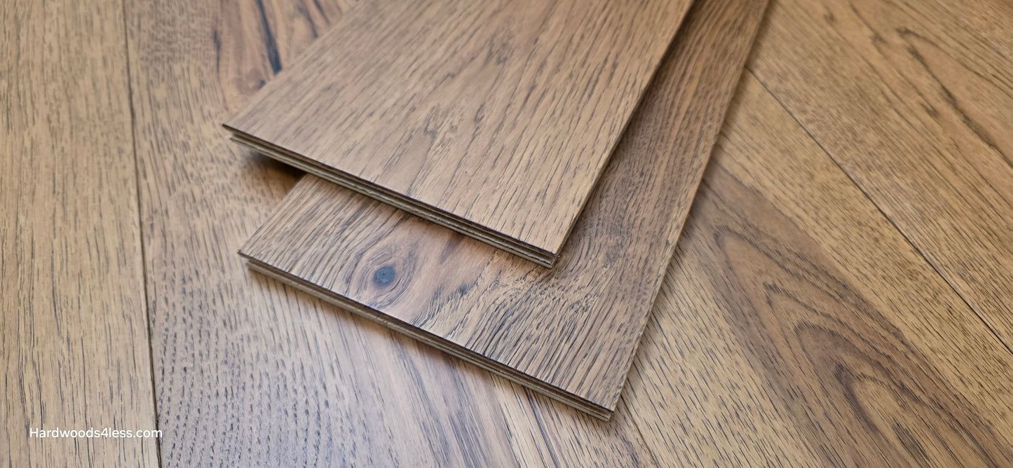 7 1/2" x 9/16" Engineered Hickory English Toffee Hardwood Flooring. Shown as 2 boards stacked on top of the flooring.