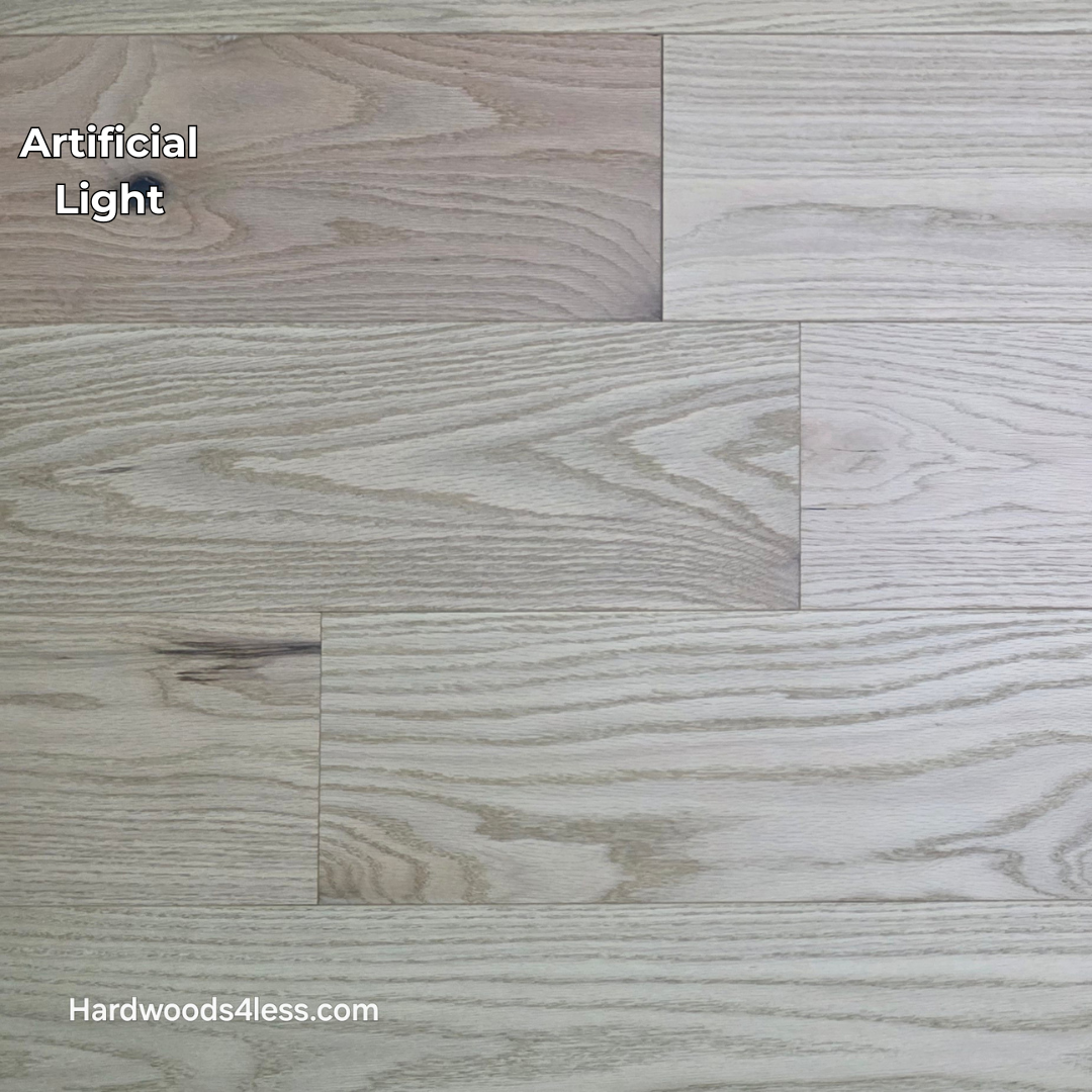 7 3/8" x 1/2" Engineered Red Oak San Bernard Hardwood Flooring. Shown in artificial lighting. 