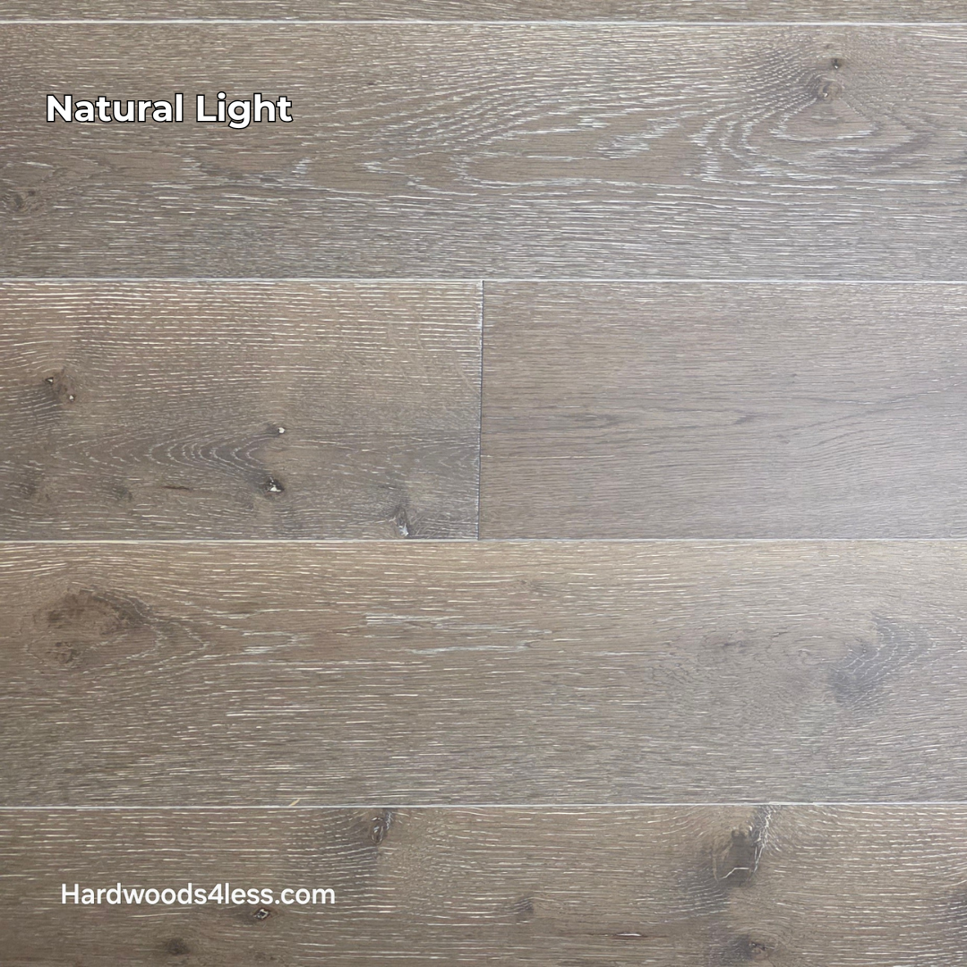 7 3/8" x 1/2" Engineered White Oak Sedona Hardwood Flooring. Shown in natural lighting. 