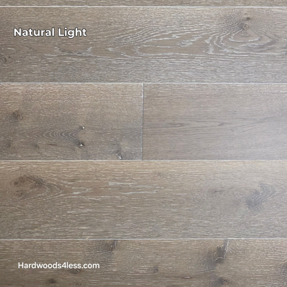 7 3/8" x 1/2" Engineered White Oak Sedona Hardwood Flooring. Shown in natural lighting. 