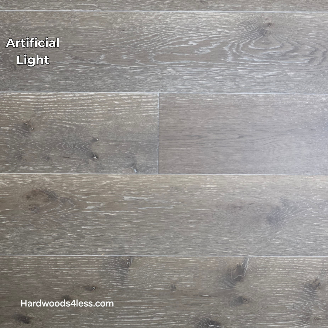 7 3/8" x 1/2" Engineered White Oak Sedona Hardwood Flooring. Shown in artificial lighting. 
