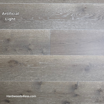 7 3/8" x 1/2" Engineered White Oak Sedona Hardwood Flooring. Shown in artificial lighting. 