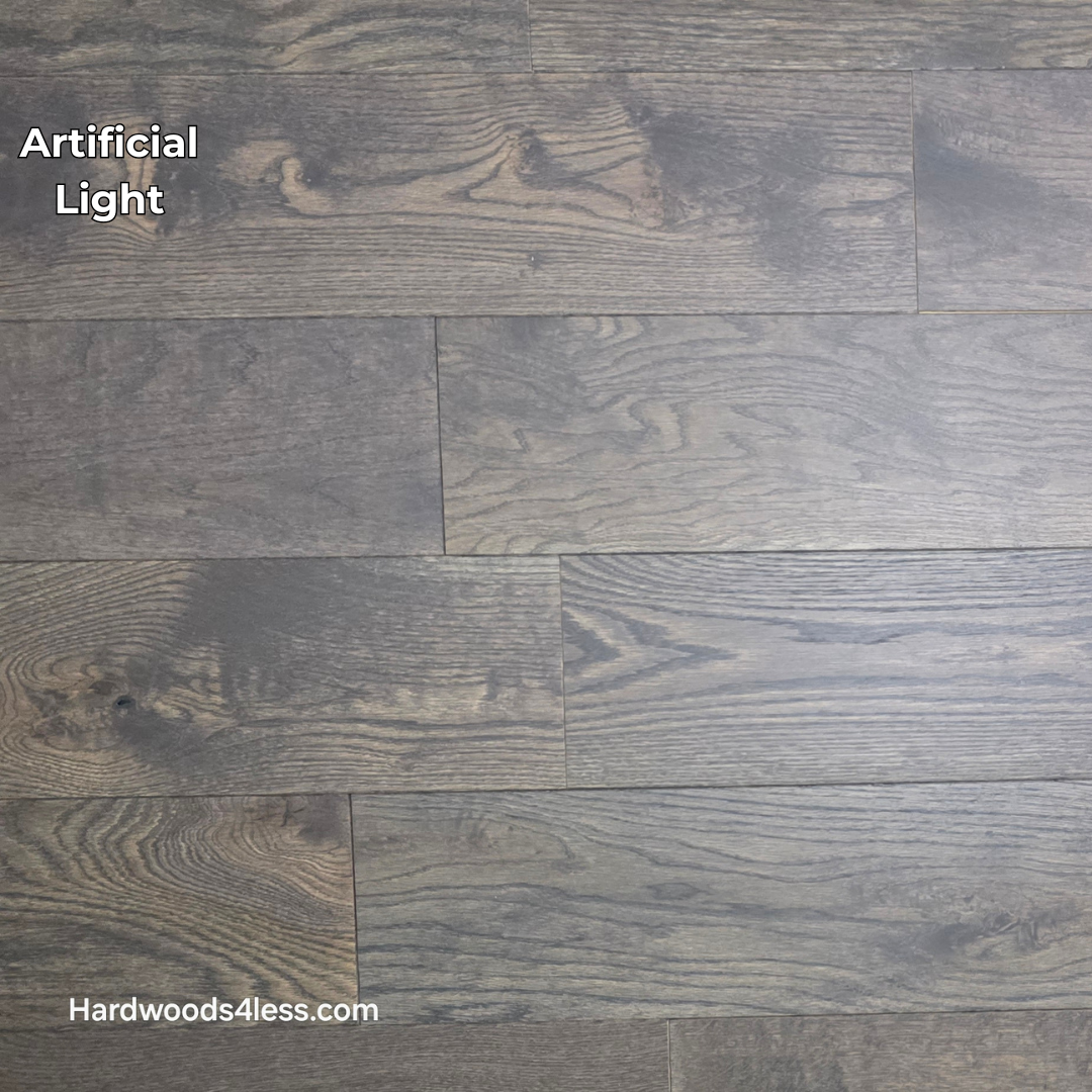 7 3/8" x 5/8" Engineered White Oak Toasted Cocoa Hardwood Flooring. Shown in artificial lighting. 