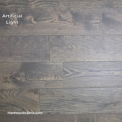 7 3/8" x 5/8" Engineered White Oak Toasted Cocoa Hardwood Flooring. Shown in artificial lighting. 
