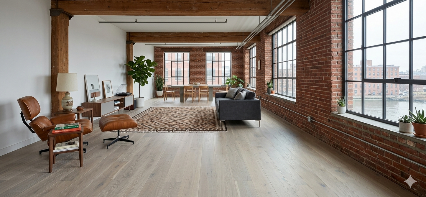 7 1/2" x 5/8" Engineered European White Oak Talisker Shown in a Loft Style Living Space