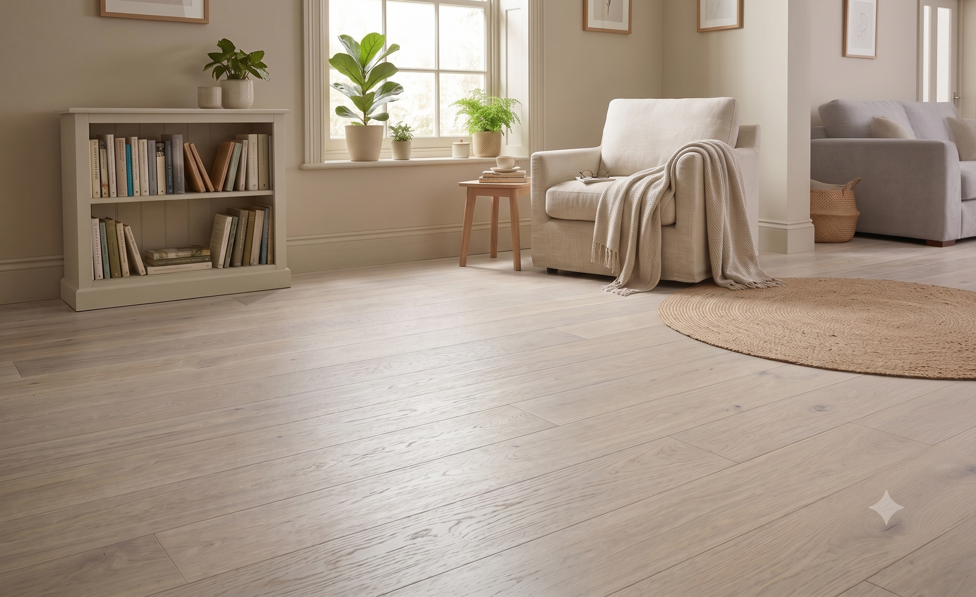 7 1/2" x 9/16" Engineered European White Oak Glenmorangie Shown in a Sitting Room