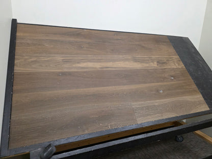 smoked European oak hardwood flooring on racking table