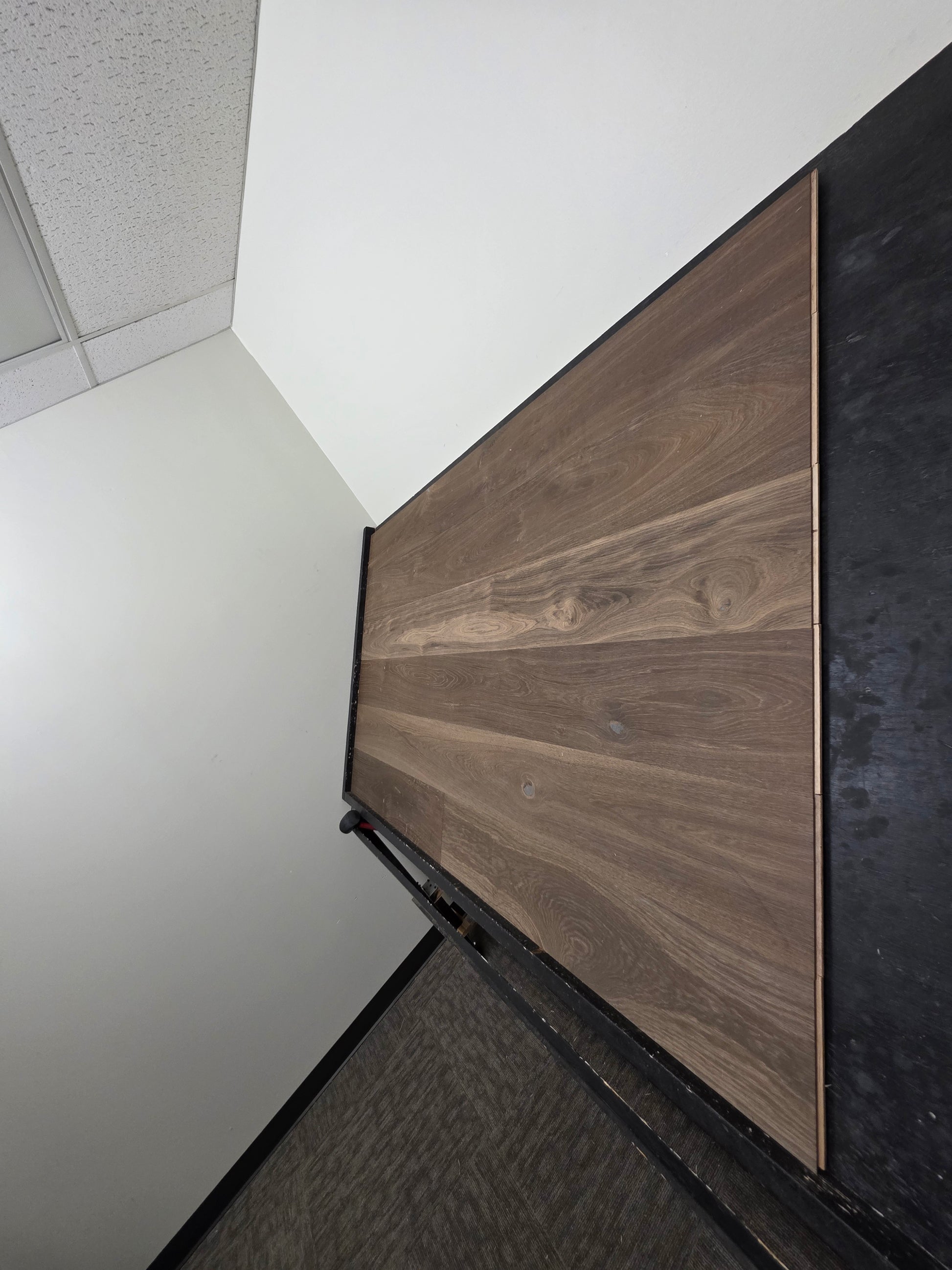 smoked European oak hardwood flooring on racking table