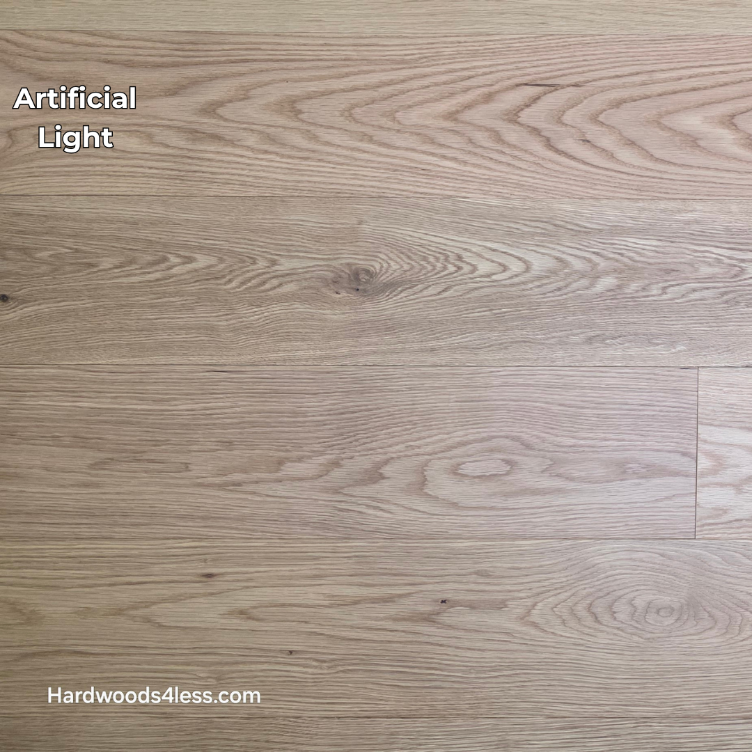 7" x 1/2" Engineered White Oak Natural Hardwood Flooring. Shown in artificial lighting.