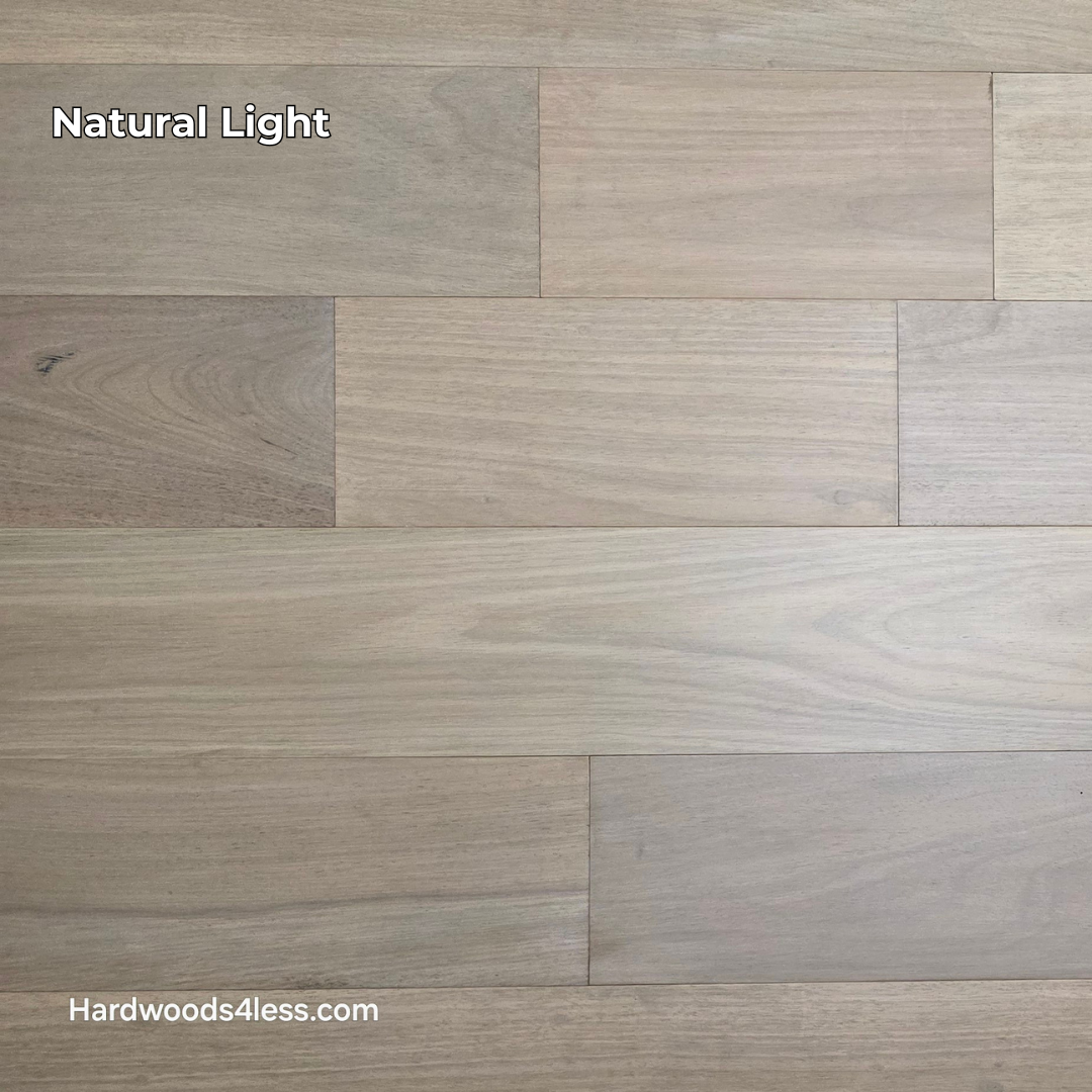 7" x 9/16" Engineered Brazilian Oak Mist Hardwood Flooring. Shown in natural lighting.