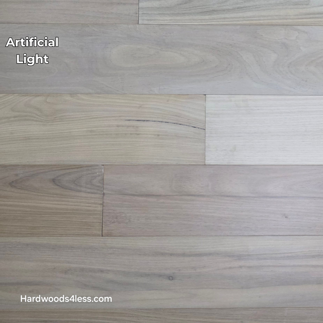 7 x 916 Engineered Brazilian Oak Pearl Hardwood Flooring. Shown in artificial lighting.