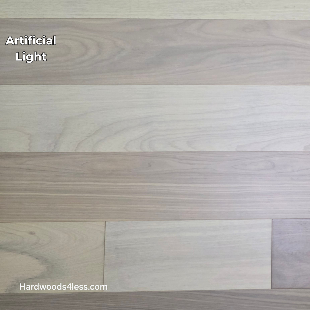 7" x 9/16" Engineered Brazilian Oak Sandy Empire Hardwood Flooring. Shown in artificial lighting. 