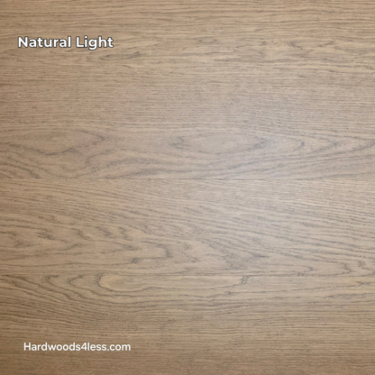 8.11" x 7/16" Modernized Engineered European Oak Calatrava Hardened Hardwood Flooring. Shown in natural lighting.
