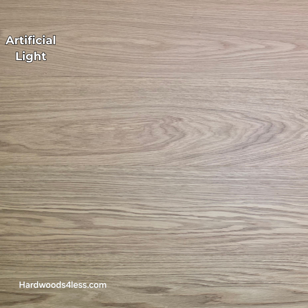 8.11" x 7/16" Modernized Engineered European Oak Hadid Hardened Hardwood Flooring. Shown in artificial lighting.