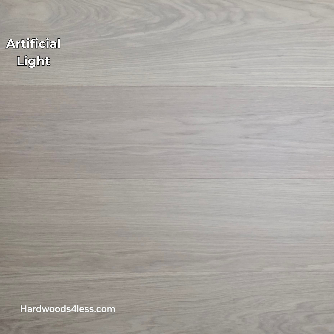 8.11" x 7/16" Modernized Engineered European Oak Foster Hardened Hardwood Flooring. Shown in artificial lighting.