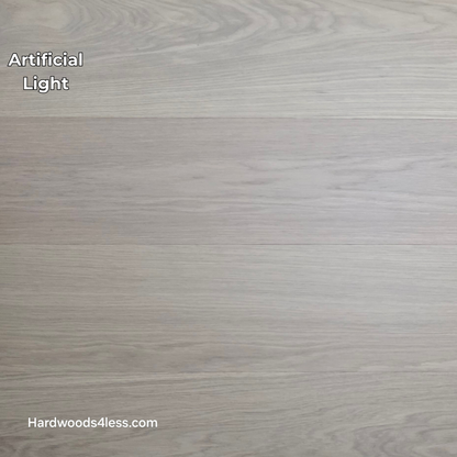 8.11" x 7/16" Modernized Engineered European Oak Foster Hardened Hardwood Flooring. Shown in artificial lighting.