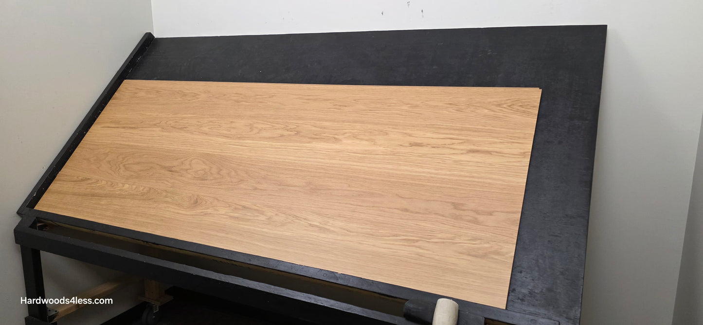 8.11" x 7/16" Modernized Engineered European Oak Wright Hardened Hardwood Flooring. Shown on a black shooting table. Shot from wide right.