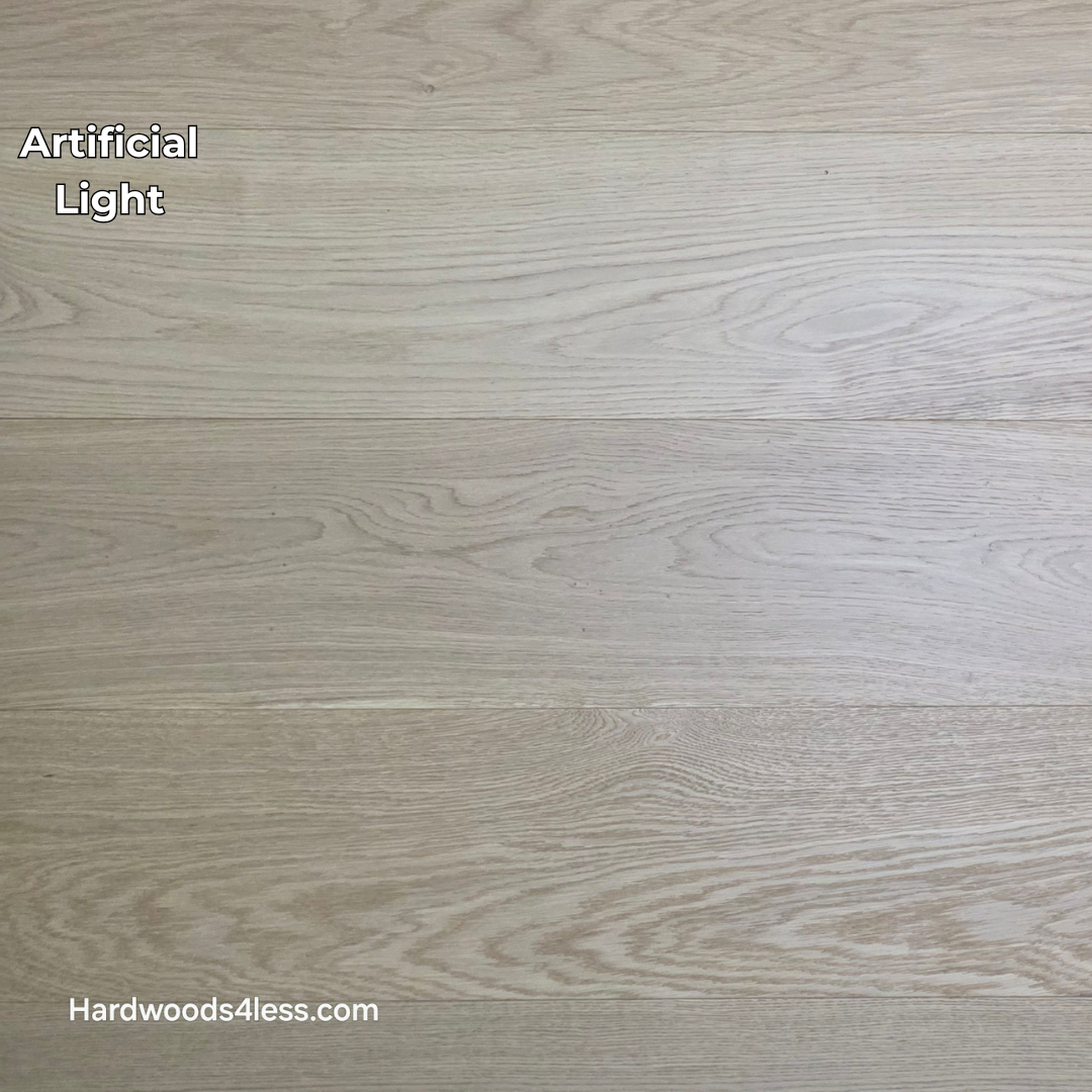 8.66" x 5/8" Engineered European Oak Pismo Stain Hardwood Flooring. Shown in artificial lighting. 