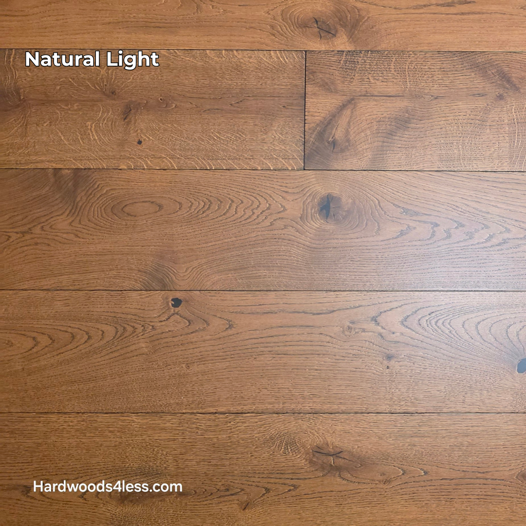 8 1/4" x 9/16" Engineered European Oak Corinth Hardwood Flooring. Shown in natural lighting.