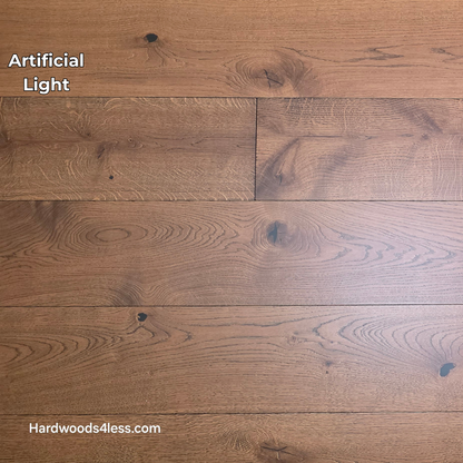 8 1/4" x 9/16" Engineered European Oak Corinth Hardwood Flooring. Shown in artificial lighting.