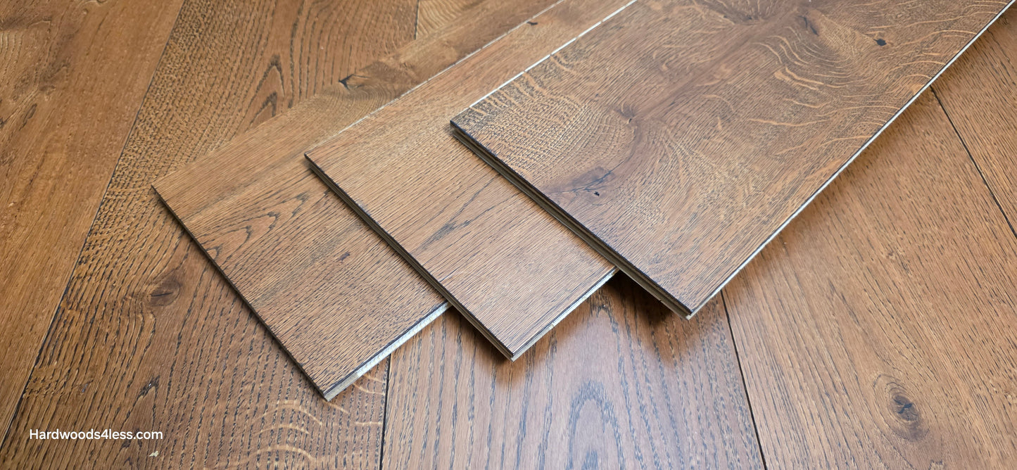8 1/4" x 9/16" Engineered European Oak Corinth Hardwood Flooring. Shown as 3 tiles stacked on top of each other. 