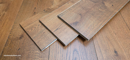 8 1/4" x 9/16" Engineered European Oak Corinth Hardwood Flooring. Shown as 3 tiles stacked on top of each other. 