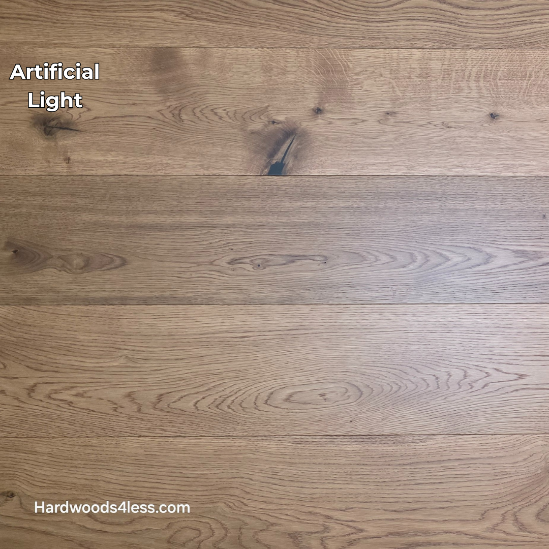 8 1/4" x 9/16" Engineered European Oak Helios Hardwood Flooring. Shown in artificial lighting. 