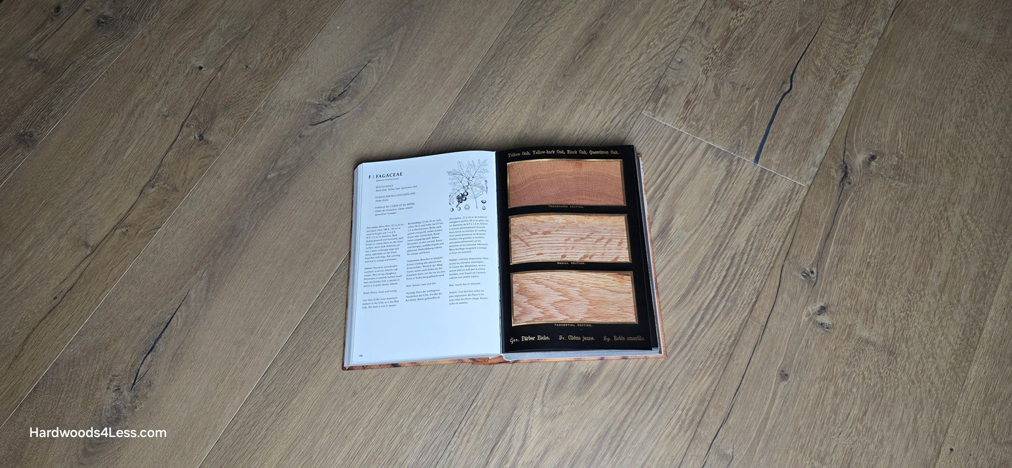 8 5/8" x 5/8" Engineered European Oak Highball Hardwood Flooring. Shown in the center is a Hardwood book. Under the book is the European oak flooring.