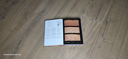8 5/8" x 5/8" Engineered European Oak Highball Hardwood Flooring. Shown in the center is a Hardwood book. Under the book is the European oak flooring.