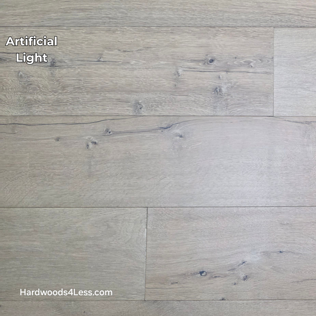 8 5/8" x 5/8" Engineered European Oak Highball Hardwood Flooring. Shown in artificial lighting. 