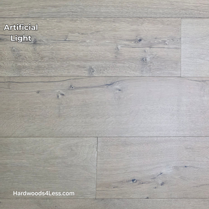 8 5/8" x 5/8" Engineered European Oak Highball Hardwood Flooring. Shown in artificial lighting. 