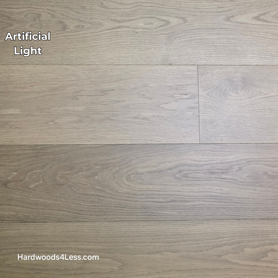 9 1/2" x 3/4" Engineered European Oak Albion Hardwood Flooring. Show in artificial lighting.