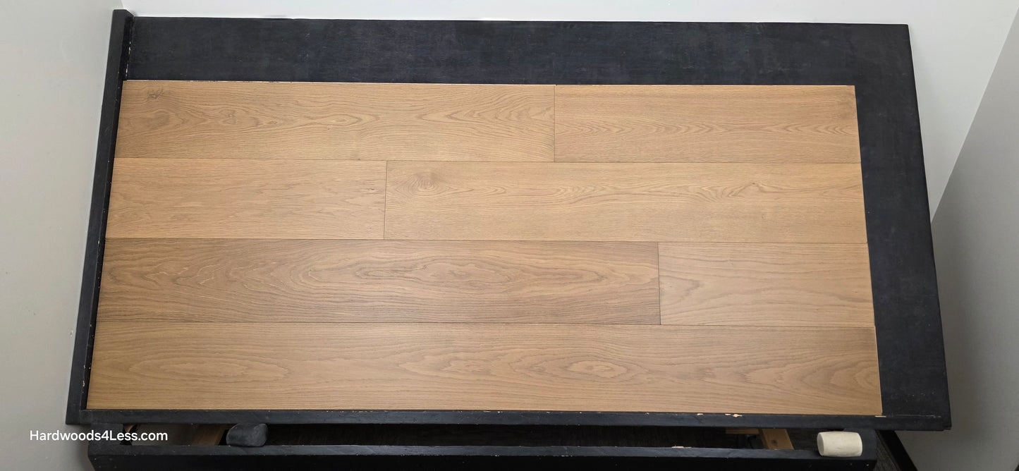 9 1/2" x 3/4" Engineered European Oak Albion Hardwood Flooring. Show on a black shooting table. Shot from center.