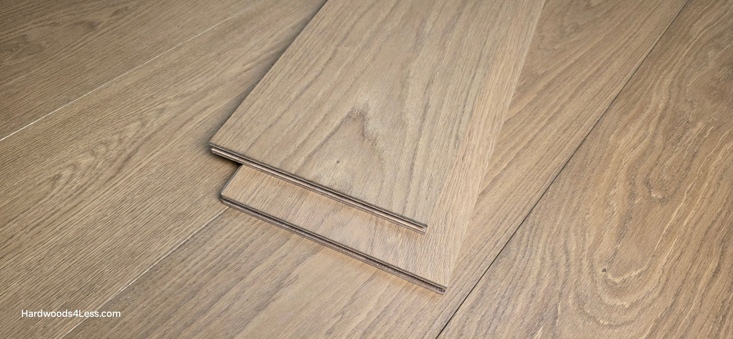 9 1/2" x 3/4" Engineered European Oak Albion Hardwood Flooring. Show as 2 planks of the wood flooring stacked on top of the engineered european oak flooring. 