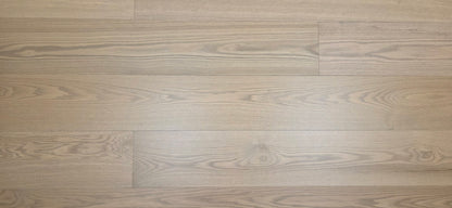 9 1/2" x 5/8" Engineered White Oak Finch Hardwood Flooring. Shown close up wide aspect ratio/