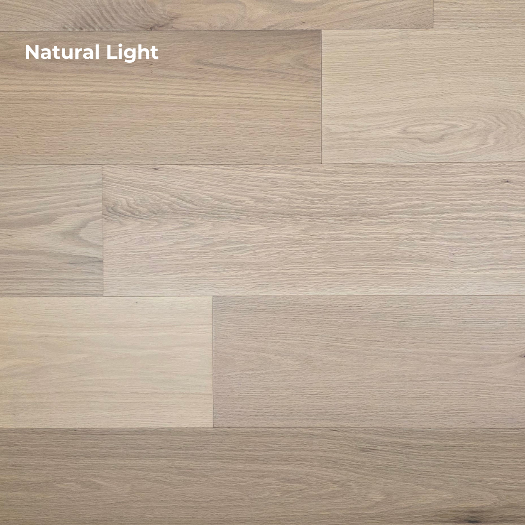 9 1/2" x 5/8" Engineered White Oak Sparrow Hardwood Flooring shown in natural lighting